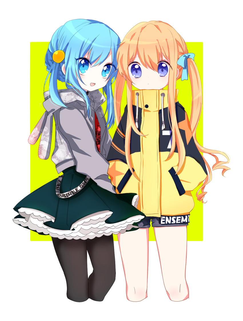 2girls, blue_eyes, blue_hair, blue_ribbon, border, cousins, ensemble_girls!, hair_ribbon