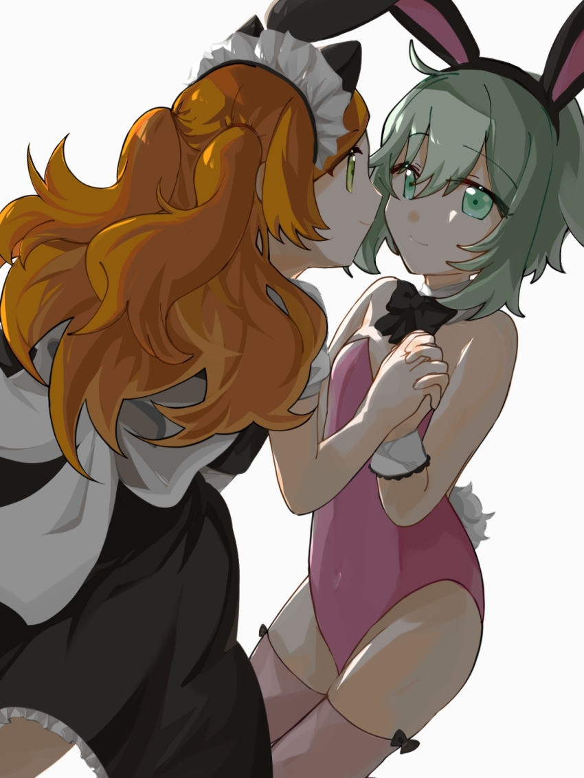 2girls, animal_ears, aqua_eyes, aqua_hair, cat_ears, ensemble_girls!, facing_another, fake_animal_ears