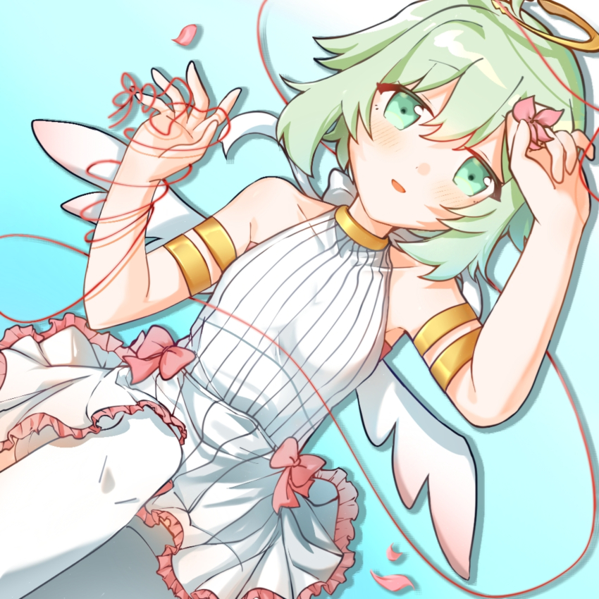 1girl, absurdres, angel, angel_wings, aqua_eyes, aqua_hair, blue_background, blush