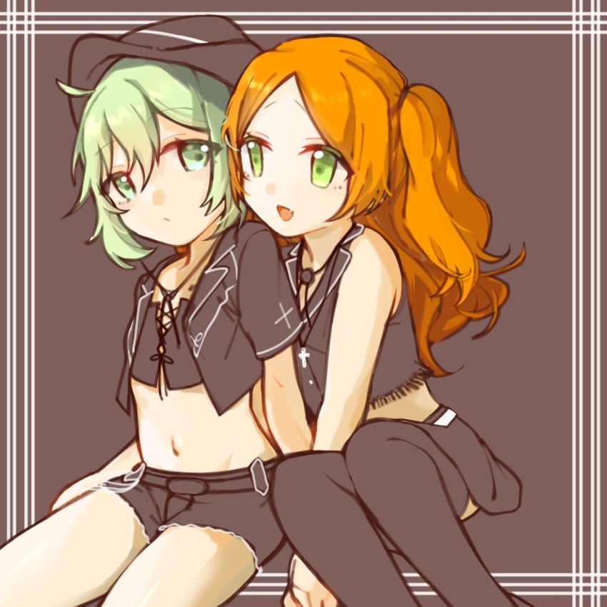 2girls, aqua_eyes, aqua_hair, black_shirt, black_shorts, black_skirt, crop_top, ensemble_girls!