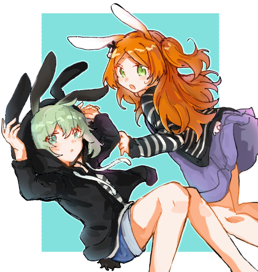 2girls, absurdres, animal_ears, animal_hood, aqua_eyes, aqua_hair, black_hoodie, ensemble_girls!