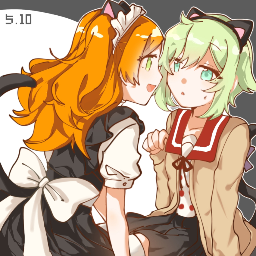 2girls, absurdres, animal_ears, aqua_eyes, aqua_hair, cat_ears, cat_girl, cat_tail