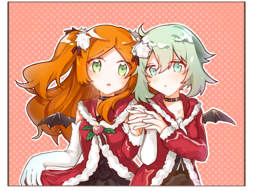 2girls, absurdres, aqua_eyes, aqua_hair, black_choker, blush, choker, demon_girl