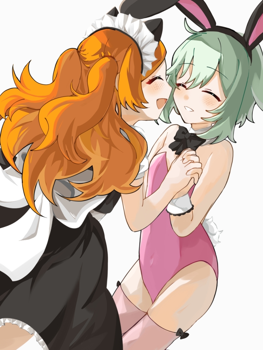 2girls, animal_ears, aqua_hair, cat_ears, closed_eyes, ensemble_girls!, facing_another, fake_animal_ears