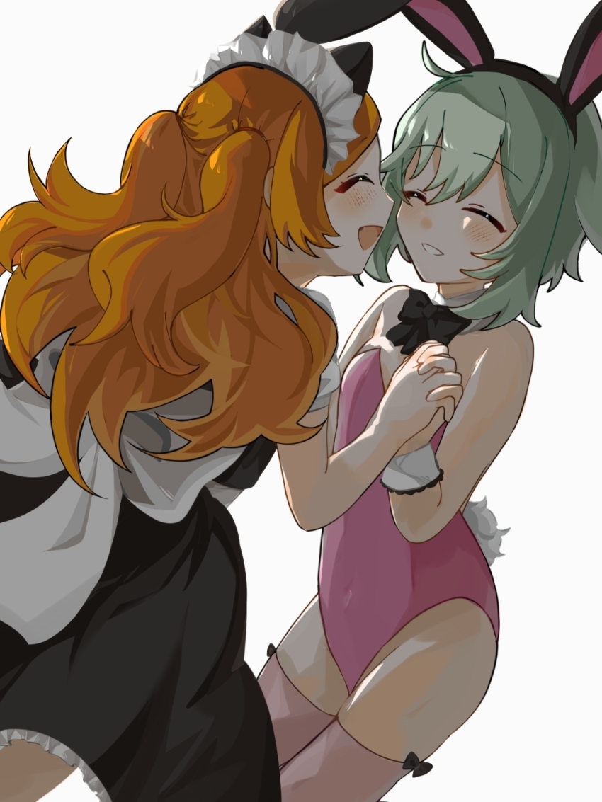 2girls, animal_ears, aqua_hair, cat_ears, closed_eyes, ensemble_girls!, facing_another, fake_animal_ears