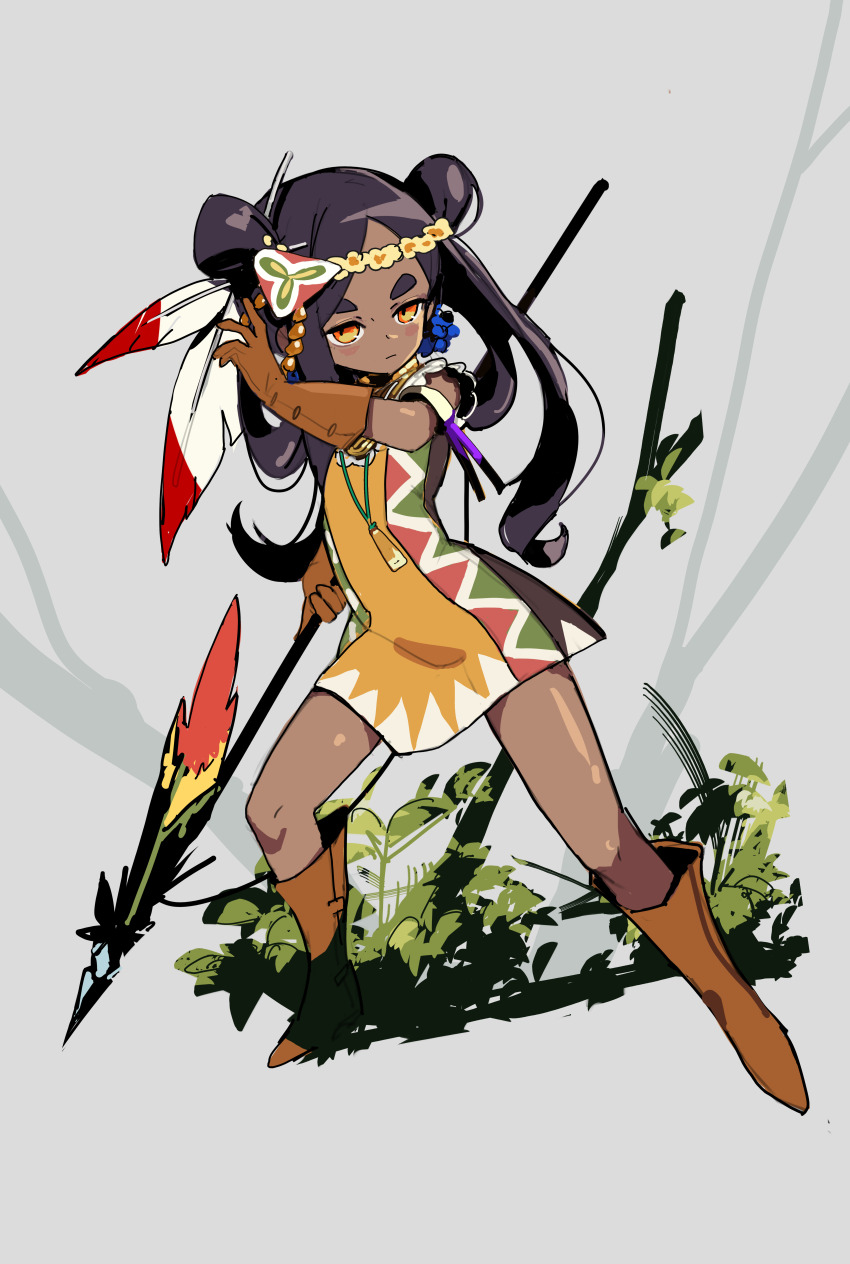 1girl, absurdres, beast_king_(sekaiju), beast_king_5_(sekaiju), boots, brown_gloves, dark-skinned_female, dark_skin, dress, etrian_odyssey, feather_hair_ornament, feathers, fighting_stance, flower, forehead, full_body, gloves, hair_flower, hair_ornament, highres, holding, holding_polearm, holding_weapon, orange_eyes, parted_bangs, polearm, polilla, sekaiju_no_meikyuu, sekaiju_no_meikyuu_3, sekaiju_no_meikyuu_hd, short_dress, sleeveless, solo, spear, thick_eyebrows, two_side_up, weapon
