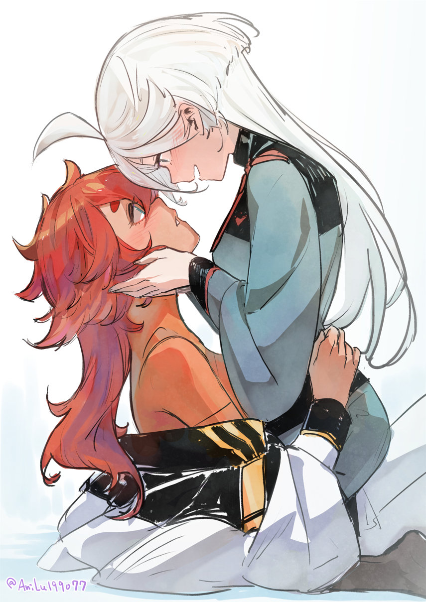 2girls, ani_lu, aqua_eyes, asticassia_school_uniform, blush, bodysuit, grey_eyes, grey_hair