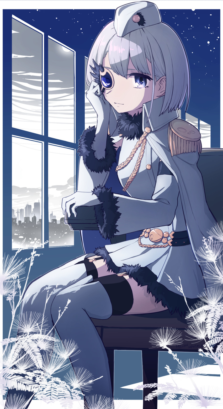 1girl, arm_rest, asymmetrical_bangs, asymmetrical_footwear, belt, black_scarf, black_thighhighs, blue_background