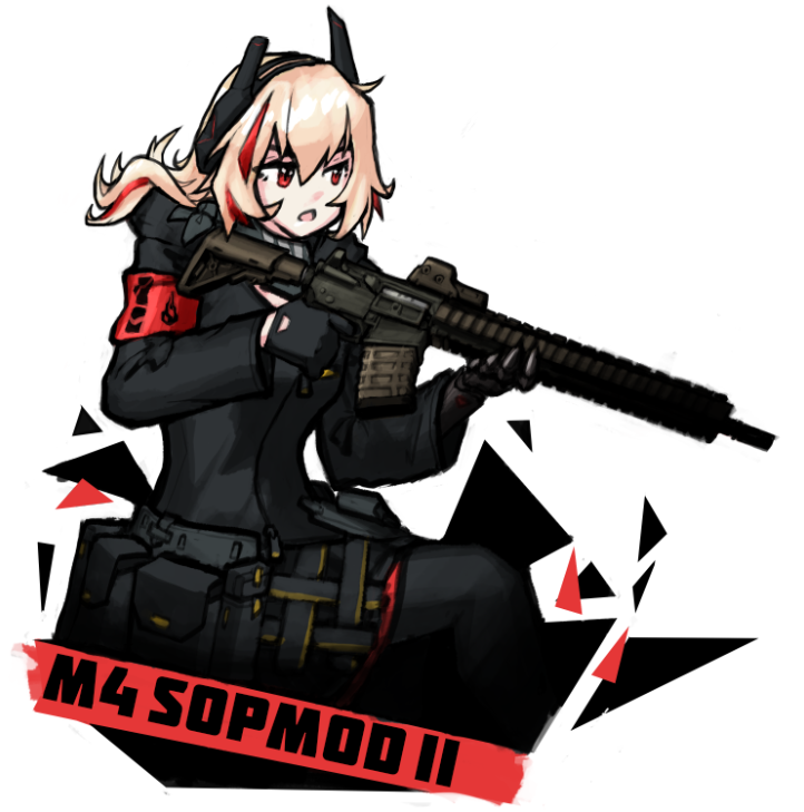 1girl, :o, assault_rifle, black_coat, black_gloves, blonde_hair, character_name, coat