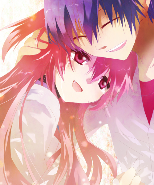 10s, 1boy, 1girl, angel_beats!, bad_id, bad_pixiv_id, blue_hair, choker, closed_eyes, fang, hinata_hideki, long_hair, meiko_ak, mmg, pink_eyes, pink_hair, school_uniform, shirt, short_hair, smile, tears, yui_(angel_beats!)