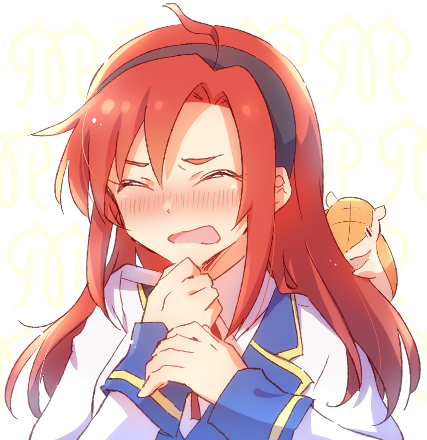 1girl, animal, animal_on_shoulder, armadillo, black_hairband, blush, closed_eyes, facing_viewer, hairband, highres, hinaichi_(kyuuketsuki_sugu_shinu), john_(kyuuketsuki_sugu_shinu), kyuuketsuki_sugu_shinu, long_hair, long_sleeves, nyaa_(nnekoron), red_hair, simple_background, solo, uniform