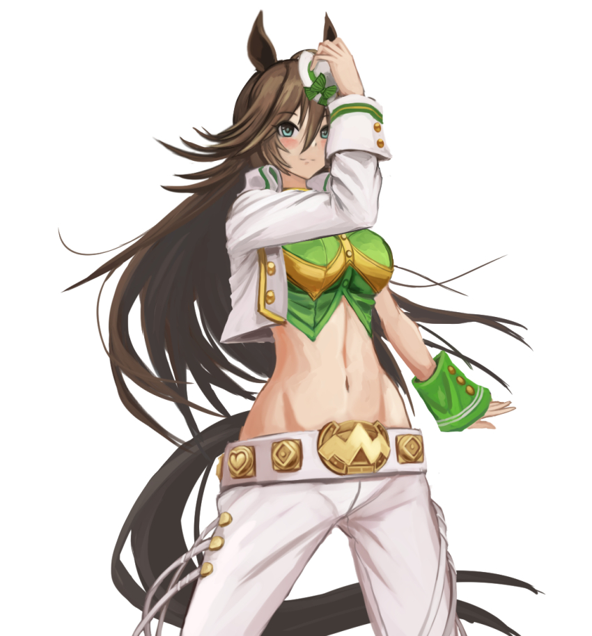 1girl, animal_ears, blue_eyes, bow, breasts, brown_hair, commentary_request, cowboy_shot