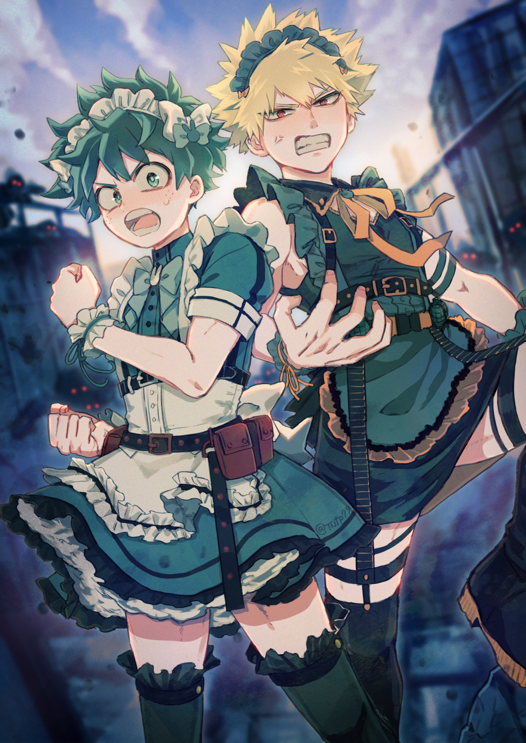 2boys, alternate_costume, anger_vein, angry, apron, armpit_peek, back_bow, backlighting