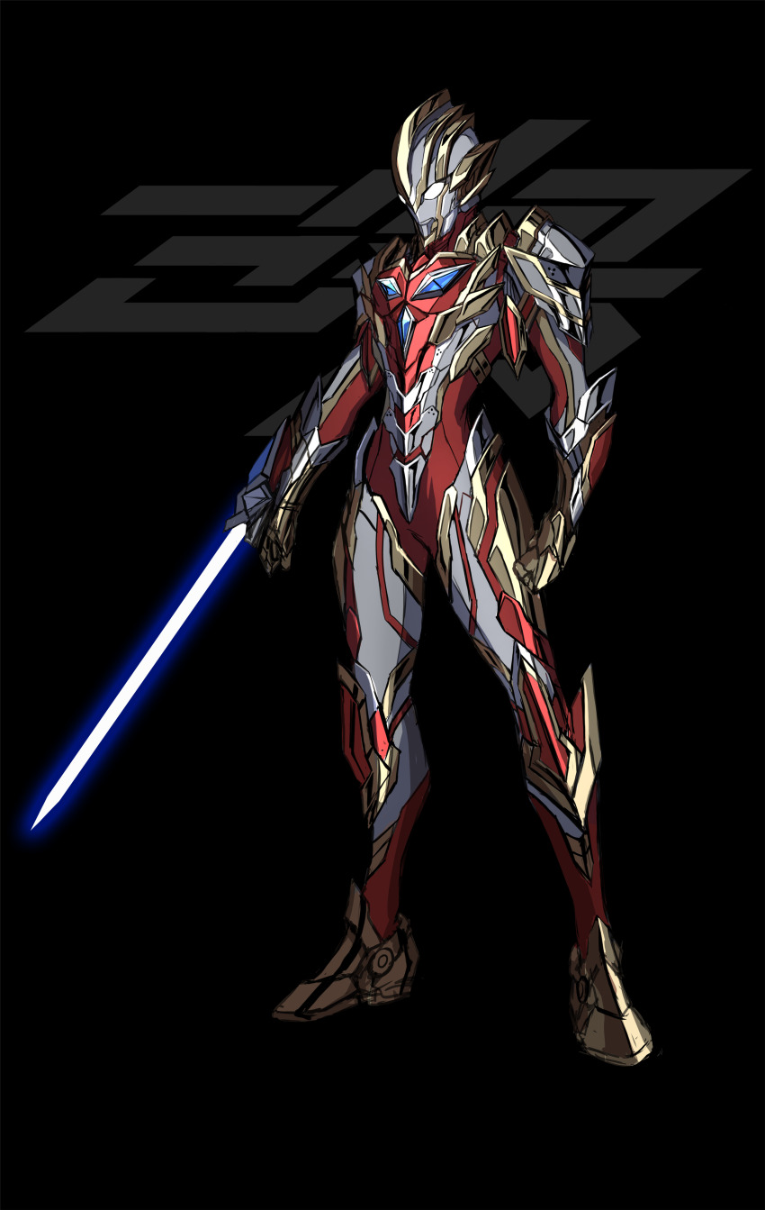 1boy, 3ok, absurdres, alien, alternate_universe, arm_blade, blade, bodysuit, color_timer, energy, energy_sword, energy_weapon, glitter_blade, glowing_lines, highres, male_focus, multicolored_bodysuit, no_pupils, red_bodysuit, standing, sword, tokusatsu, ultra_series, ultraman_(hero's_comics), ultraman_mebius, ultraman_mebius_(series), ultraman_suit_(hero's_comics), ultraman_trigger, ultraman_trigger_(glitter_trigger_eternity), ultraman_trigger_(series), weapon
