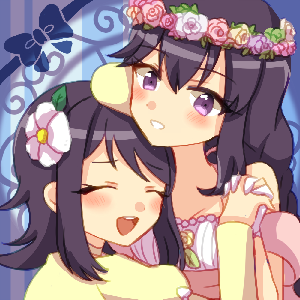 2girls, blue_background, blush, braid, dress, ehon_chioka, ensemble_girls!, head_wreath