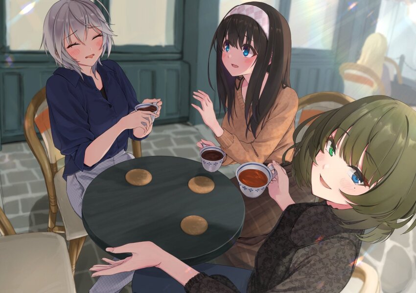 4girls, anastasia_(idolmaster), bitter, black_tea, blush, bob_cut, breasts, brown_hair, closed_eyes, coffee, cup, extra, floral_print, green_hair, grey_hair, holding, holding_cup, idolmaster, idolmaster_cinderella_girls, kaiso_(kaisooekaki), looking_at_another, looking_at_viewer, medium_breasts, multiple_girls, outdoors, sagisawa_fumika, see-through_clothes, see-through_shirt, short_hair, sitting, smile, straight_hair, takagaki_kaede, tea, teacup, tongue, tongue_out