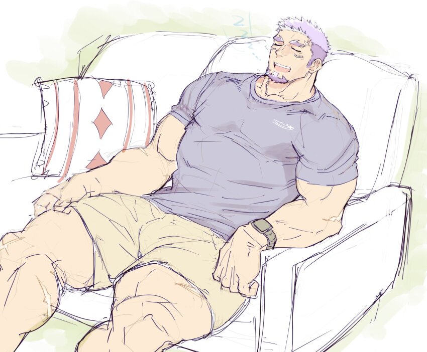 1boy, bara, casual, couch, dark-skinned_male, dark_skin, facial_hair, feet_out_of_frame