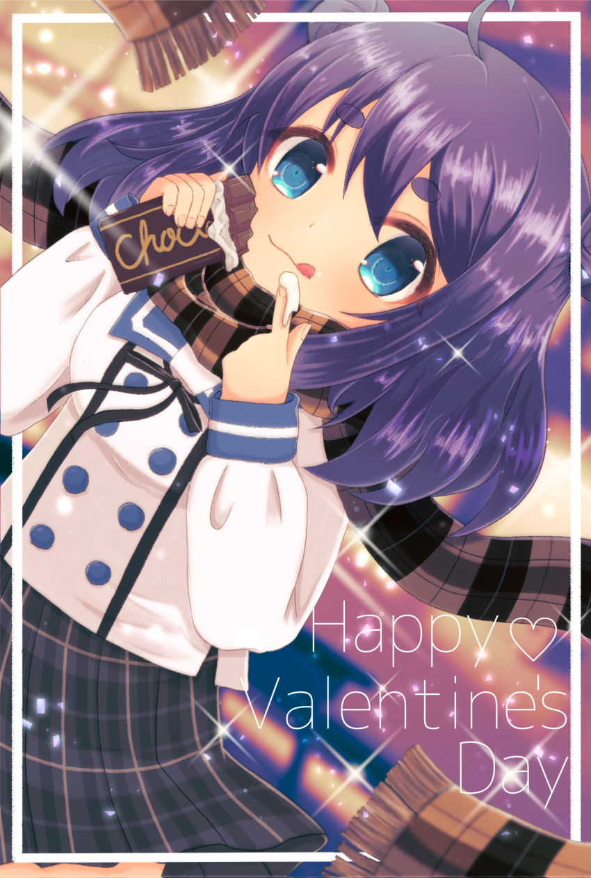 1girl, ahoge, blue_eyes, border, candy, chocolate, chocolate_bar, double_bun