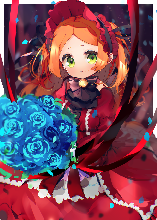 1girl, black_ribbon, blue_flower, blue_rose, blush, bonnet, bouquet, classic_lolita