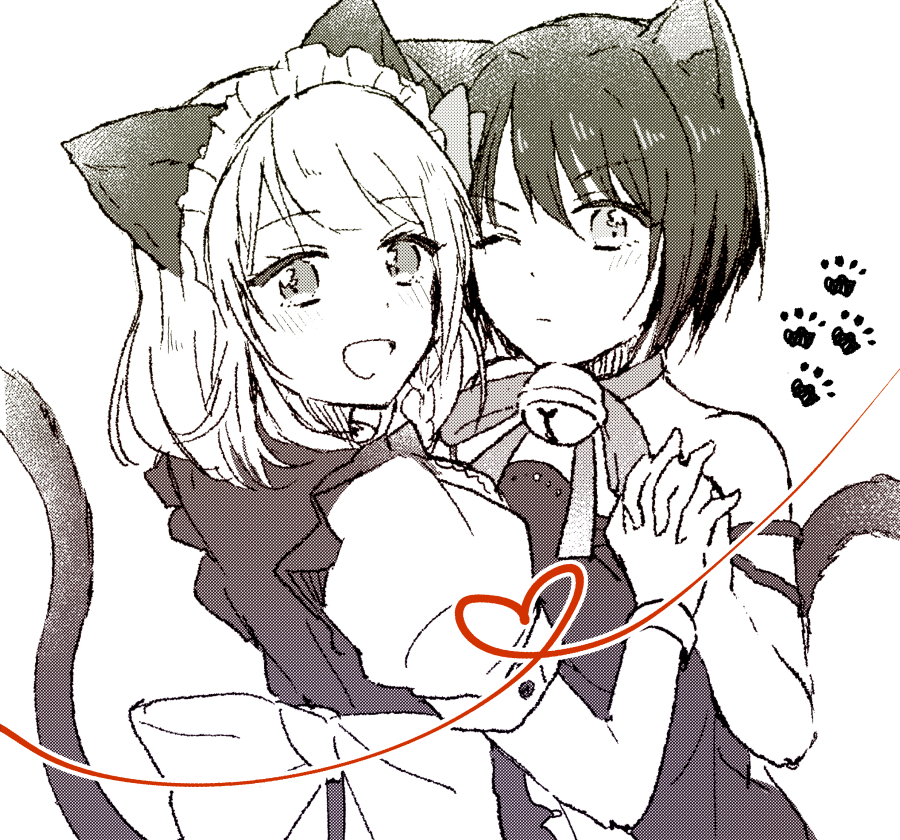 2girls, animal_ears, aoi_(kirameitetegomen), bell, blush, cat_ears, cat_girl, cat_tail
