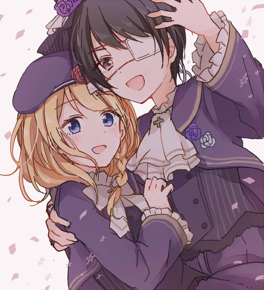 2girls, aoi_(kirameitetegomen), black_hair, blonde_hair, blue_eyes, blush, brown_eyes, ensemble_girls!