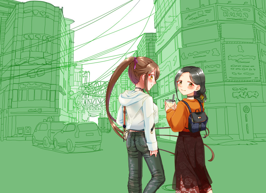 2girls, black_hair, black_pants, black_skirt, brown_hair, choker, cityscape, ehon_chioka