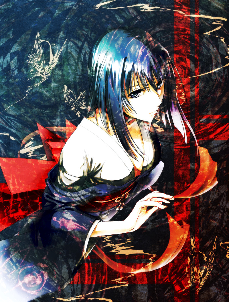 1girl, akai_ito, bad_id, bad_pixiv_id, blue_eyes, blue_hair, bug, butterfly