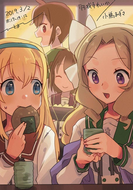 2019, 4girls, blonde_hair, blue_eyes, braid, brown_hair, closed_eyes, dated