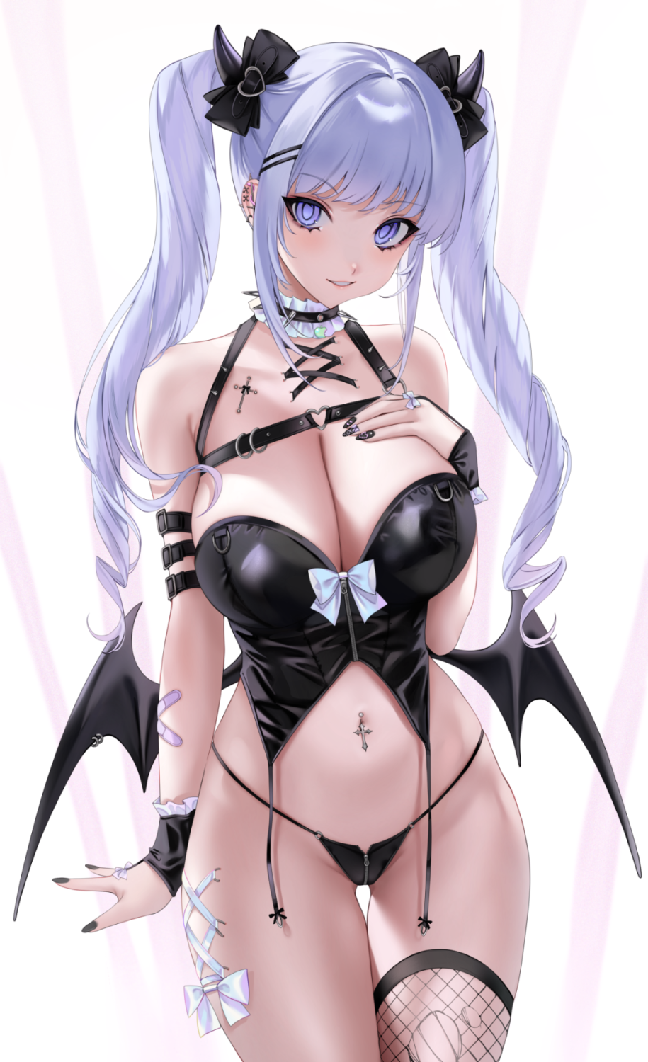 1girl, arm_strap, bandaid, black_bow, black_bustier, black_horns, black_nails, black_panties