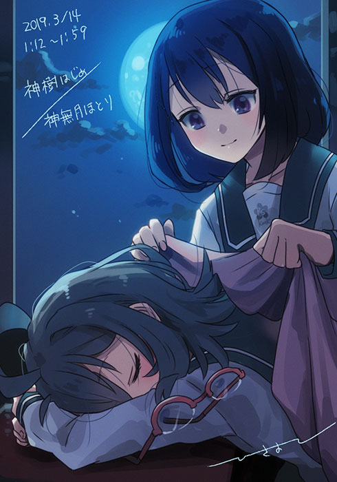 2019, 2girls, ahoge, closed_eyes, covering_with_blanket, dated, desk, ensemble_girls!