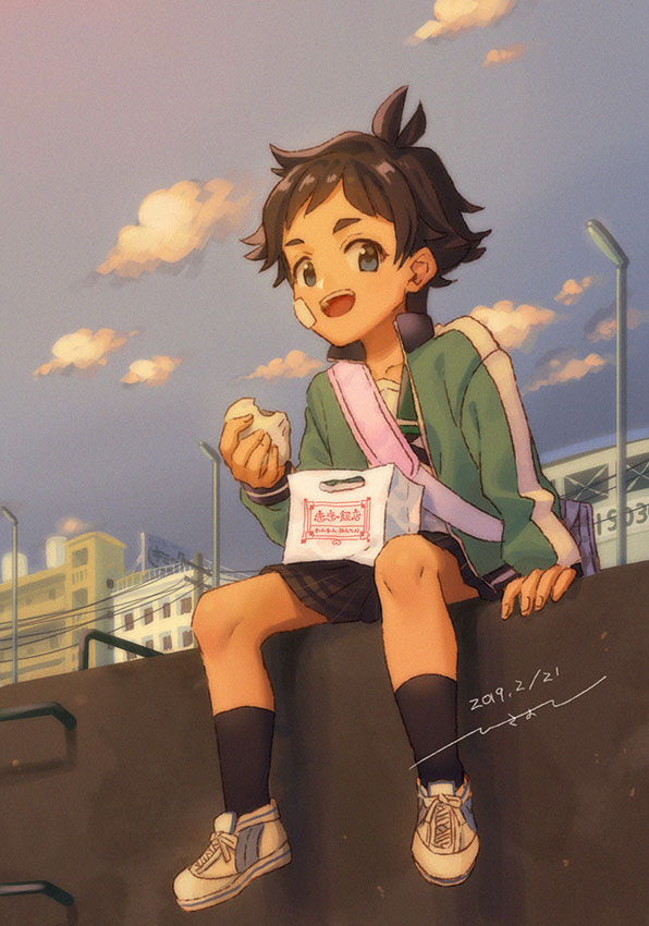 1girl, androgynous, black_hair, blue_eyes, blue_sky, ensemble_girls!, green_jacket, hisayoshi_(hisa)