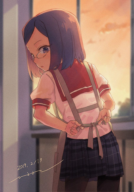 1girl, apron, black_leggings, ensemble_girls!, facing_away, glasses, hisayoshi_(hisa), kijishi_sumire