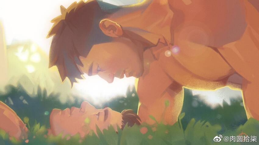 2boys, bara, close-up, couple, from_side, grass, highres, large_pectorals