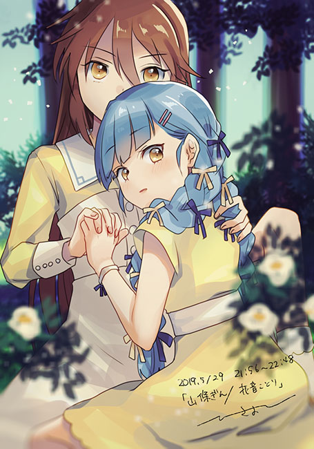 2019, 2girls, blue_hair, bow, brown_hair, dated, dress, ensemble_girls!