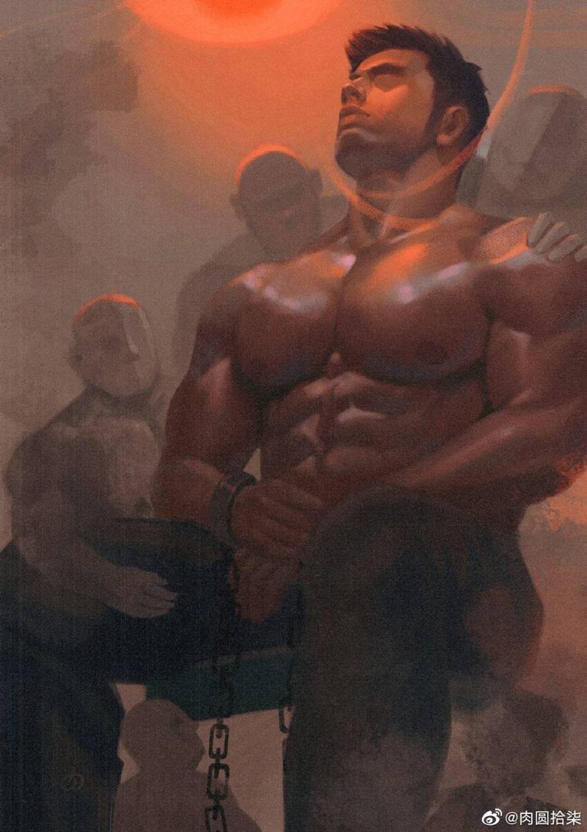 5boys, abs, bara, black_hair, chain, cuffs, dark-skinned_male, dark_skin