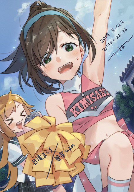 2019, 2girls, black_hair, blonde_hair, camera, cheerleader, crop_top, dated