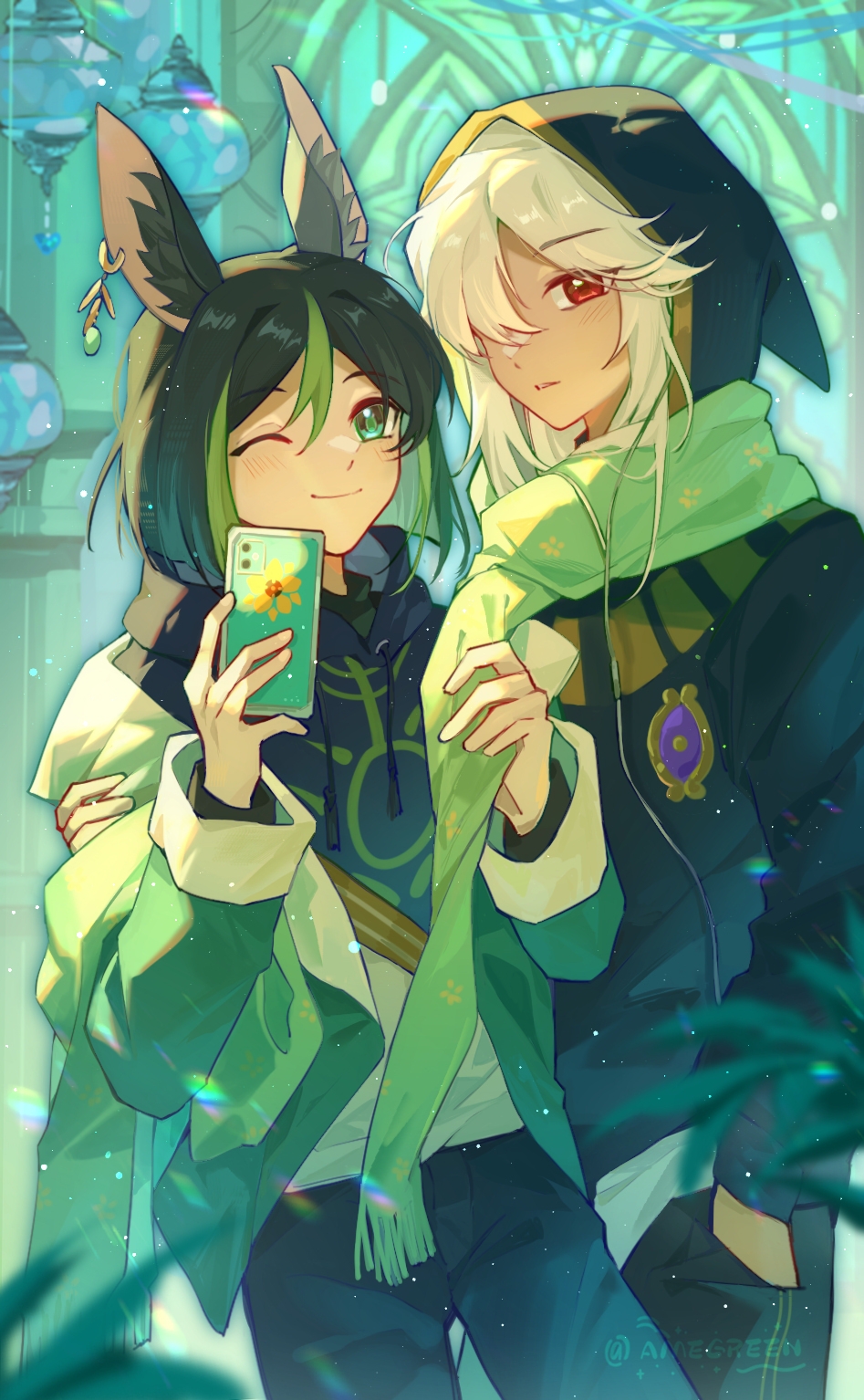 2boys, alternate_costume, amegreen, animal_ear_fluff, animal_ears, black_hair, black_hood, black_pants