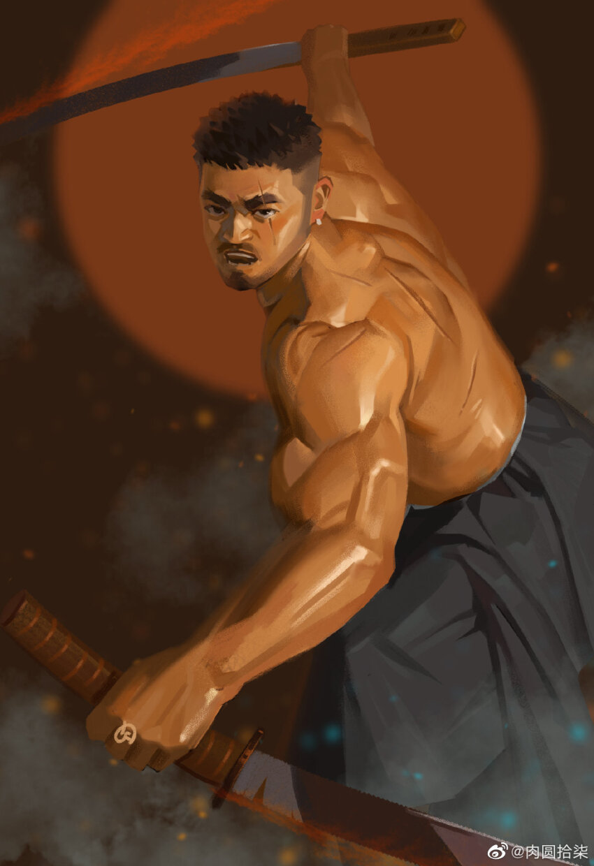 1boy, bara, dark-skinned_male, dark_skin, earrings, facial_hair, fighting_stance, frown