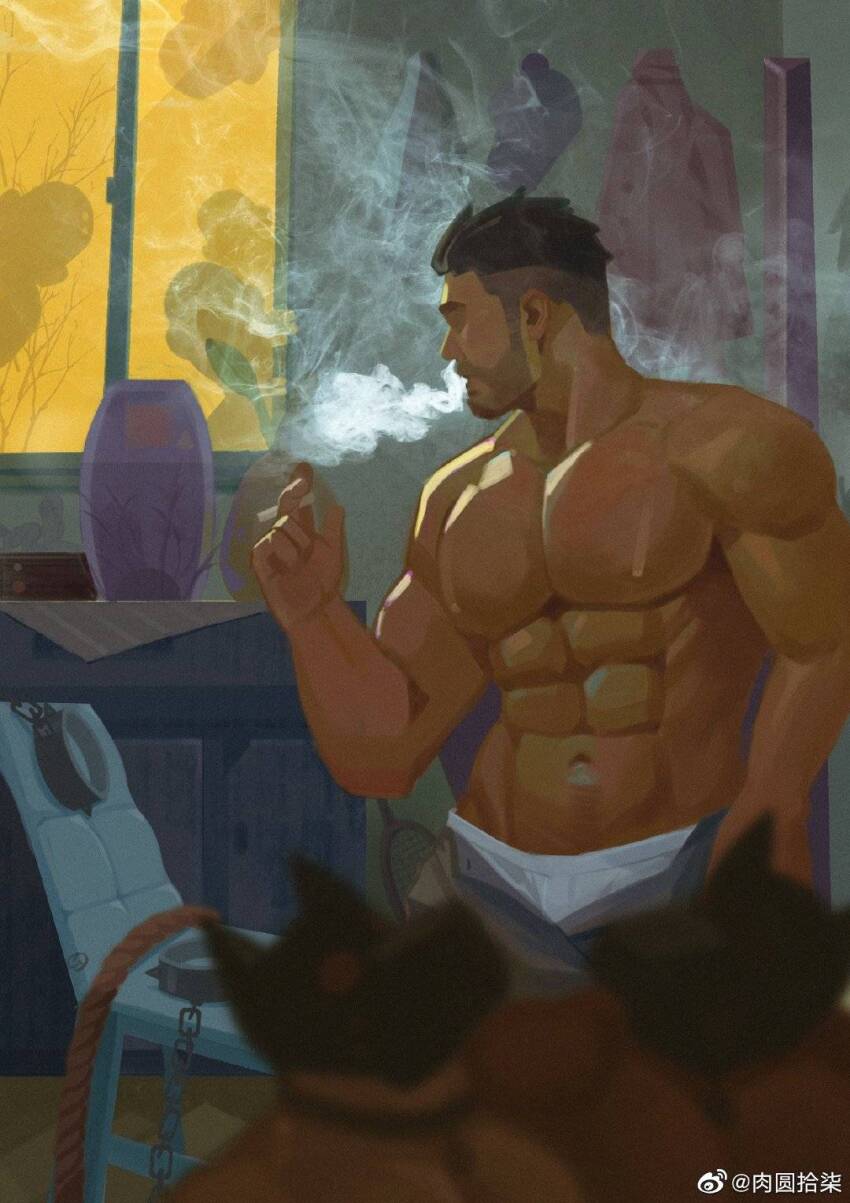 1boy, abs, bara, beard, cuffs, facial_hair, from_below, handcuffs