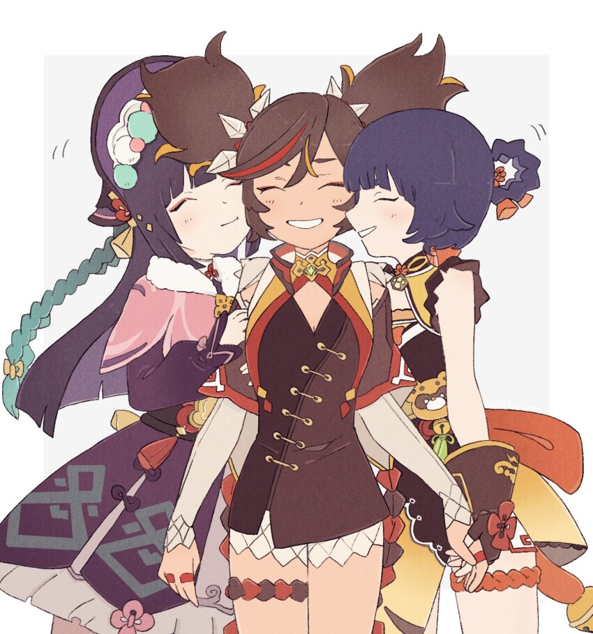 3girls, ^_^, anni_(556_an), bell, black_dress, black_gloves, black_hair, blue_hair, blush, bonnet, brown_hair, china_dress, chinese_clothes, closed_eyes, dress, eyeshadow, fingerless_gloves, genshin_impact, girl_sandwich, gloves, guoba_(genshin_impact), hair_rings, highres, holding_hands, lolita_fashion, long_hair, makeup, multicolored_hair, multiple_girls, nuzzle, pink_eyeshadow, polygamy, qi_lolita, red_hair, sandwiched, smile, straight-on, streaked_hair, thigh_strap, twintails, white_background, xiangling_(genshin_impact), xinyan_(genshin_impact), yun_jin_(genshin_impact), yuri