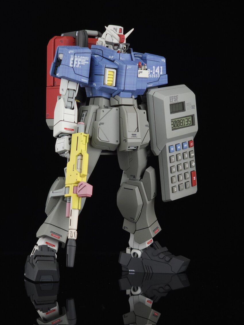 backpack, bag, black_background, calculator, dumbpla, figure_(medium), full_body, glasses, ground_gundam, gun, gundam, gundam_08th_ms_team, gunpla, highres, holding, holding_gun, holding_weapon, mecha, model_kit, model_kit_(medium), no_humans, photo_(medium), robot, science_fiction, solo, unconventional_media, v-fin, weapon