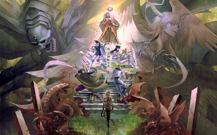 2girls, 6+boys, aleph_(megami_tensei), angel, angel_statue, angel_wings, beth_(megami_tensei), black_hair