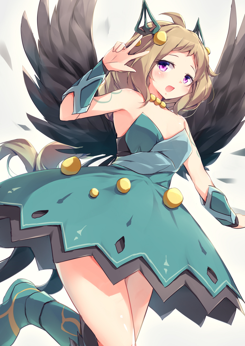 1girl, absurdres, ahoge, bare_shoulders, blush, breasts, duel_monster, feathered_wings