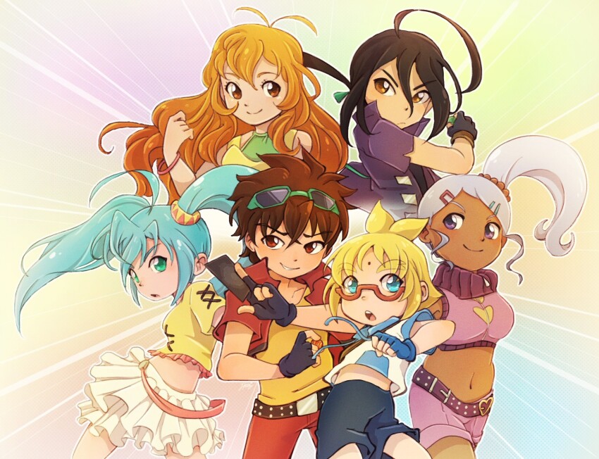 3boys, 3girls, ahoge, alice_gehabich, bakugan, bakugan_battle_brawlers, black_gloves, black_hair, blonde_hair, blue_hair, bracelet, brown_eyes, brown_hair, card, crop_top, dark_skin, fingerless_gloves, glasses, gloves, goggles, goggles_on_head, hair_between_eyes, hair_ornament, hairpin, hera_souflee, highres, holding, holding_card, jacket, jewelry, julie_heyward, kazami_shun, kuusou_danma, long_hair, marukura_marucho, midriff_peek, misaki_runo, mole, mole_on_forehead, multiple_boys, multiple_girls, navel, open_clothes, open_jacket, purple_jacket, red-framed_eyewear, red_jacket, shirt, short_sleeves, side_ponytail, skirt, smile, teeth, twintails, upper_teeth_only, white_hair, white_skirt, yellow_shirt