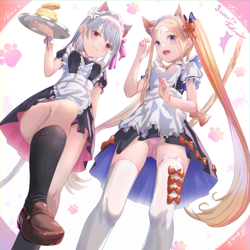 2girls, ^^^, abigail_williams_(fate), anger_vein, animal_ear_fluff, animal_ear_legwear, animal_ears, apron