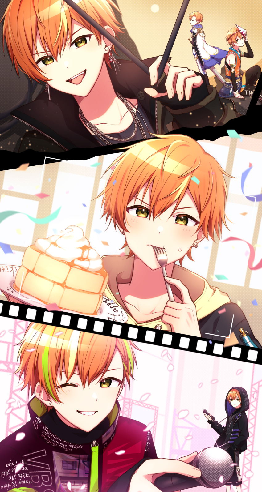 1boy, absurdres, aiguillette, argyle_clothes, diamond_cutout, arm_support, belt, black_jacket