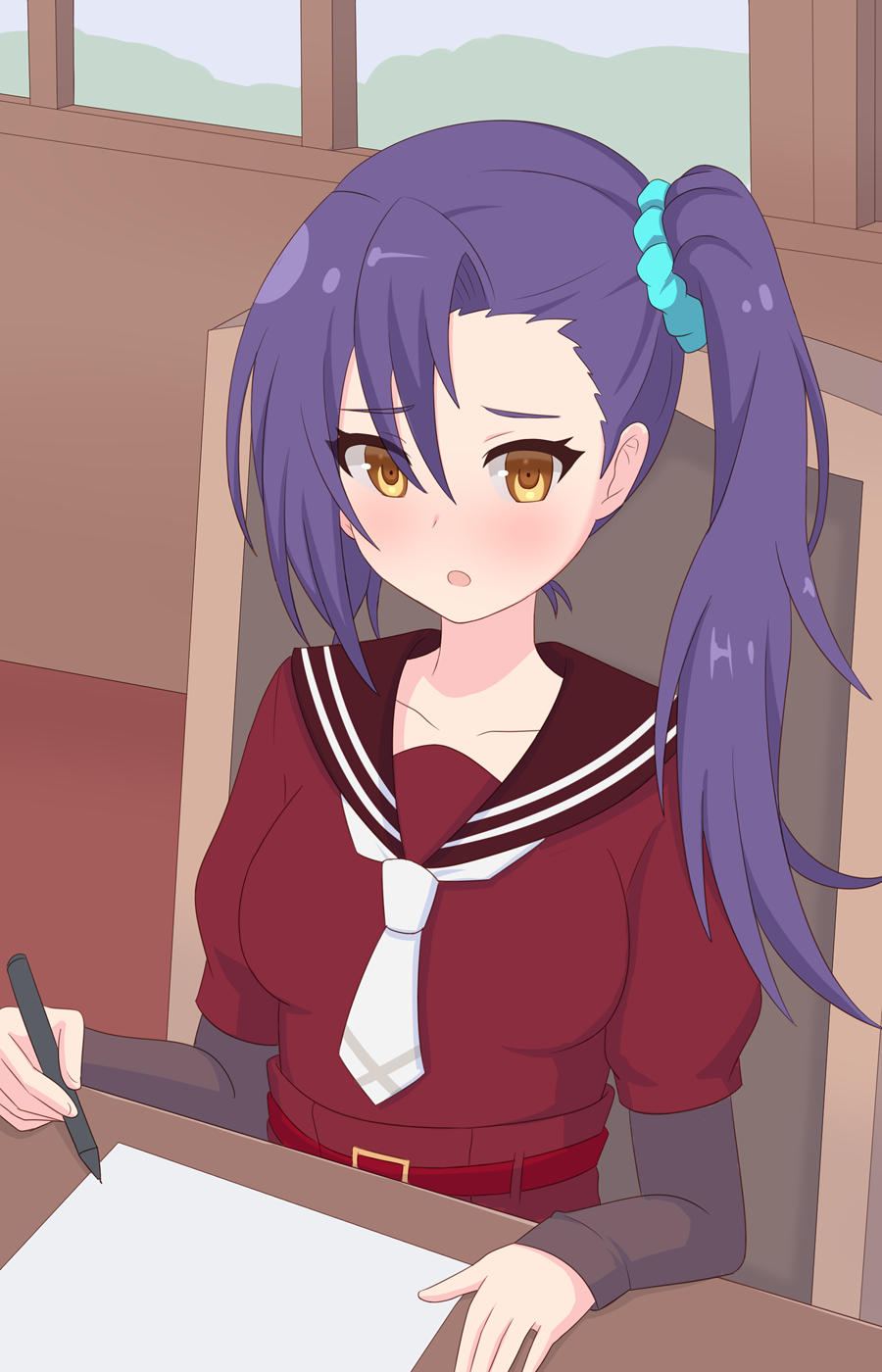 1girl, aqua_scrunchie, assault_lily, asymmetrical_bangs, belt, belt_buckle, blush, breasts