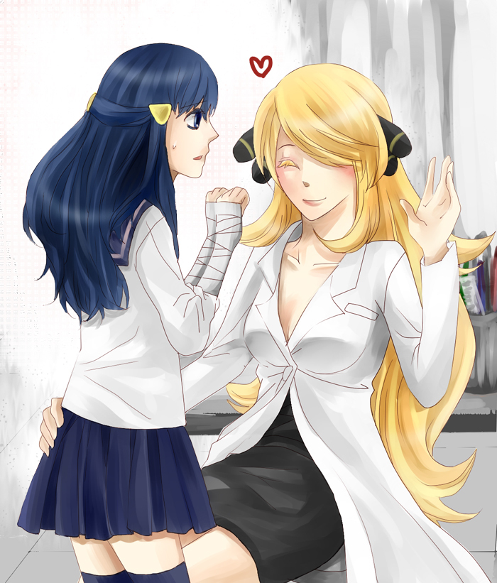 2girls, alternate_costume, blonde_hair, blue_eyes, blue_hair, closed_eyes, colored_eyelashes, cynthia_(pokemon), dawn_(pokemon), eyelashes, fukiyu_(fhxyhky), hair_ornament, hair_over_one_eye, long_hair, multiple_girls, nintendo, pokemon, school_uniform, serafuku, skirt, smile, yuri