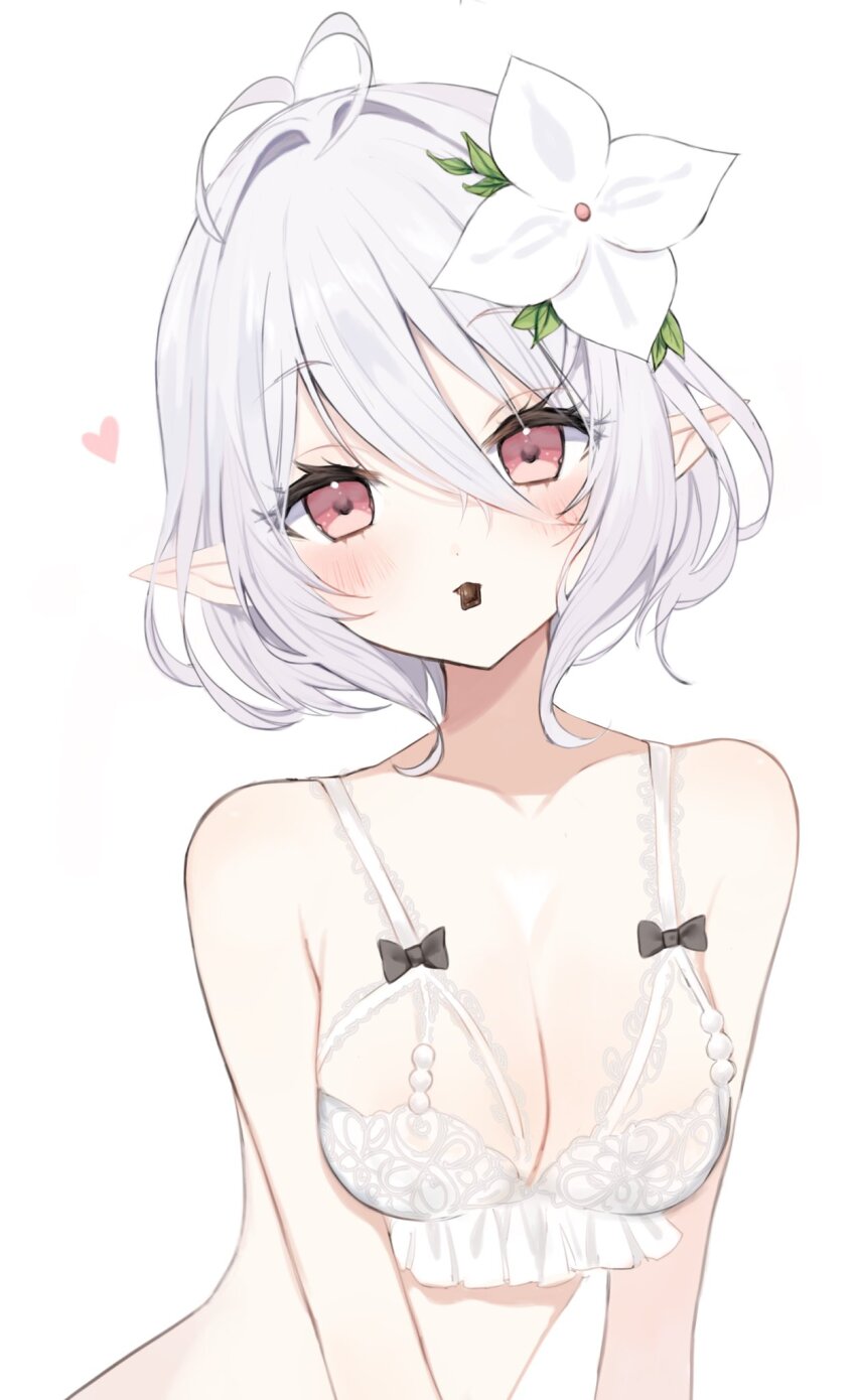 1girl, alternate_breast_size, antenna_hair, bare_shoulders, blush, bow, bra, breasts
