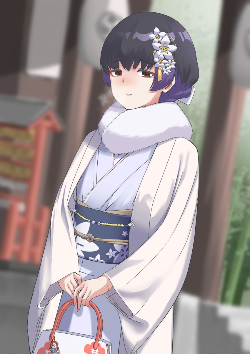 1girl, absurdres, bag, bamboo, black_hair, blue_kimono, blurry, blurry_background